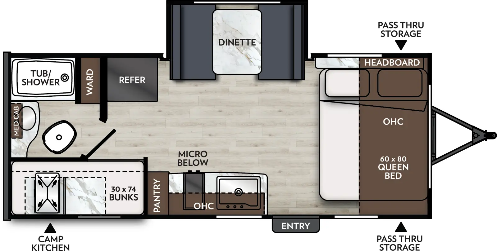 The Apex Nano 194BHS floorplan has one entry and one slide out. Exterior features include: fiberglass exterior, 14' awning and outside kitchen. Interiors features include: bunk beds and front bedroom.